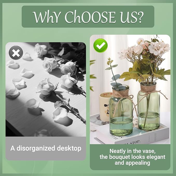 Green Glass Flower Vases for Centerpieces Set of 6, Mason Jars Boho Cylinder - Image 4