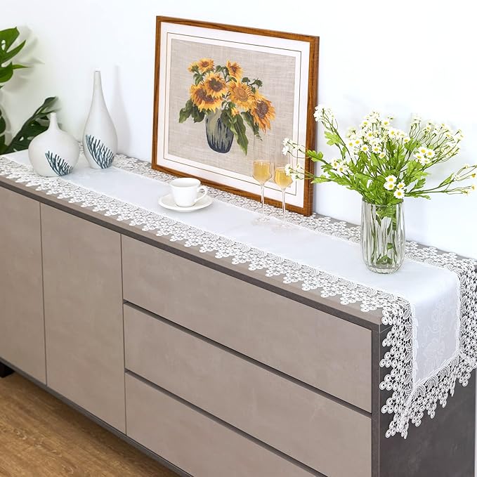 White lace Premium Rectangle Farmhouse Table Runner Waterproof OilProof - Image 2