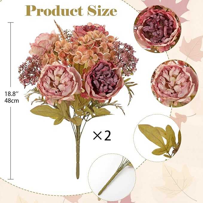 Hollyone 2Pcs Artificial Fall Flowers Bouquet 18.8" Pink Dried Peony Hydrangea - Image 2