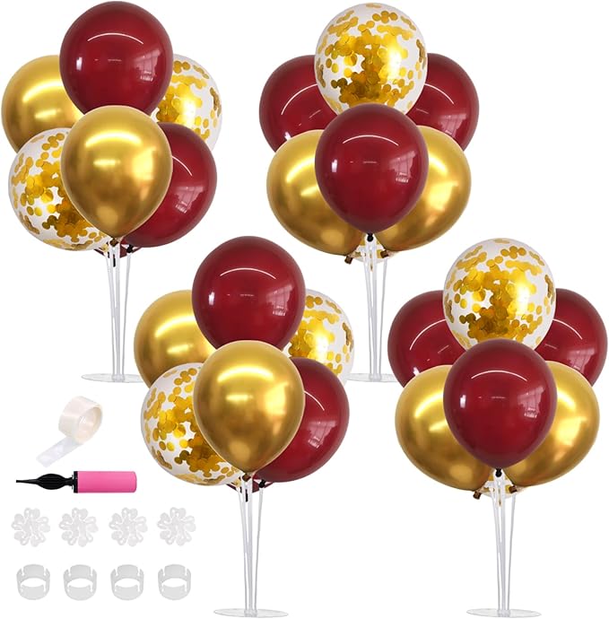 TONIFUL 4 Set Burgundy Red Gold Balloon Centerpieces by TONIFUL
