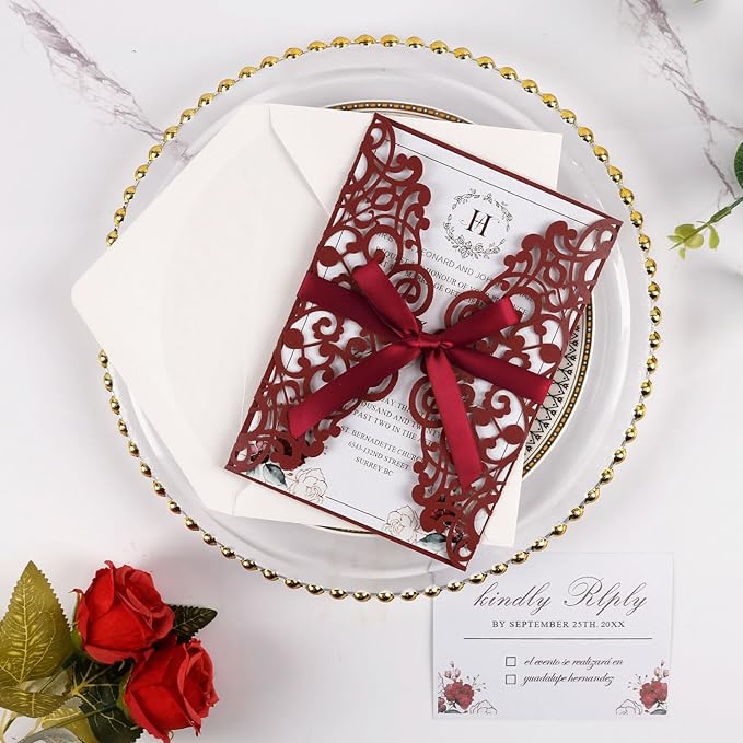 50pcs Burgundy Wedding Invitation Cards Pocket - Image 2