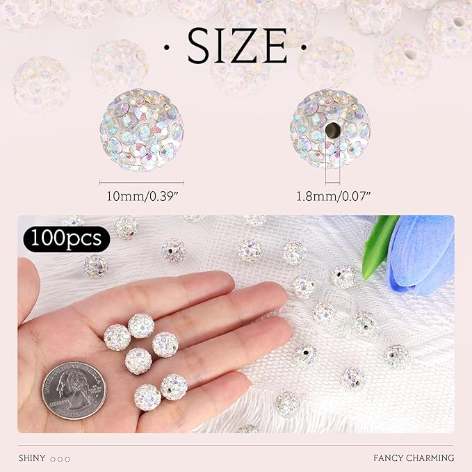 100 pcs 10mm Rhinestone Beads for Jewelry Making, Crystal AB Shiny Round - Image 2