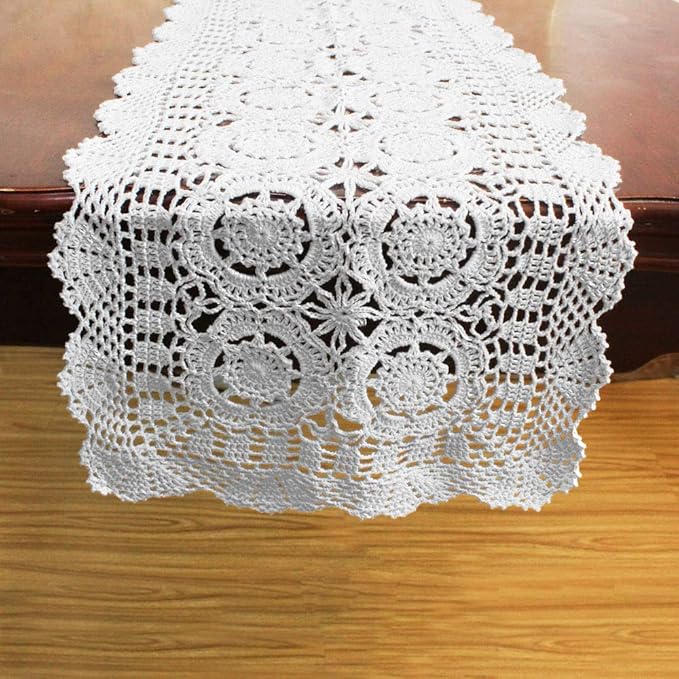 KEPSWET Cotton Handmade Crochet Lace Table Runner White Rectangle Coffee Table - Image 5