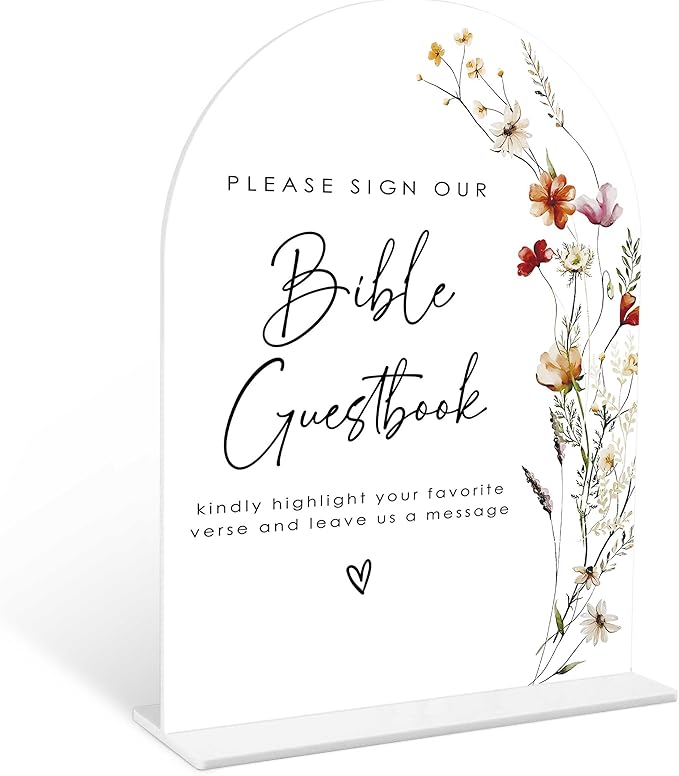 Boho Floral Bible Guest Book Sign, 6 x 8 Inch White Arch Acrylic Wedding Sign by Qoqxjodd