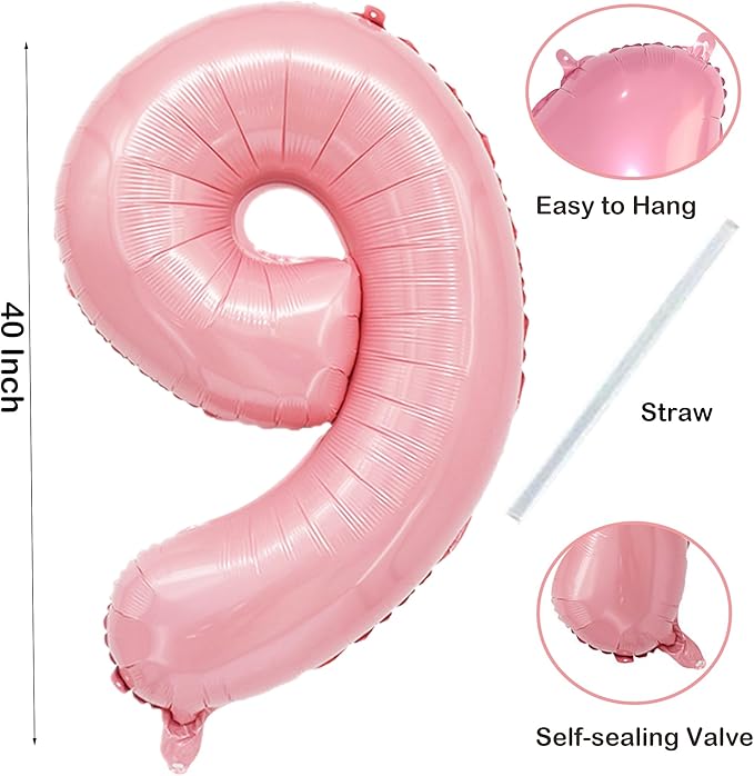 Light Pink Number 9 Balloon 40 Inch Big Self Inflating Foil Number Balloons 0-9 - Image 2