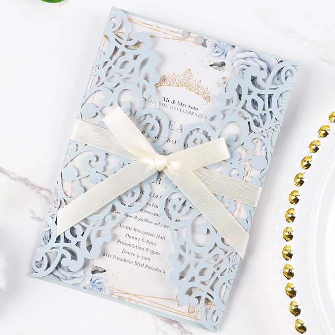 50pcs Laser Cut Wedding Invitation Pockets 5x7 '' Dusty Blue Wedding by Maffily