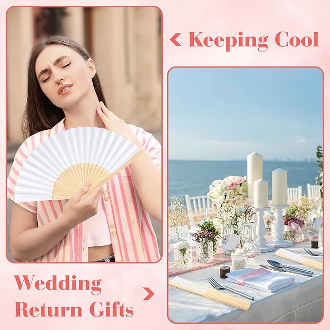 12 Pieces White Hand Held Bamboo Folding Fans Paper Fans Handheld - Image 5