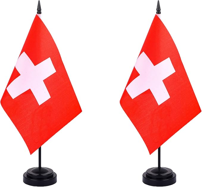 Switzerland Desk Flag 12" Solid Pole Deluxe Set Swiss Flags Banner Mini Small by Unknown