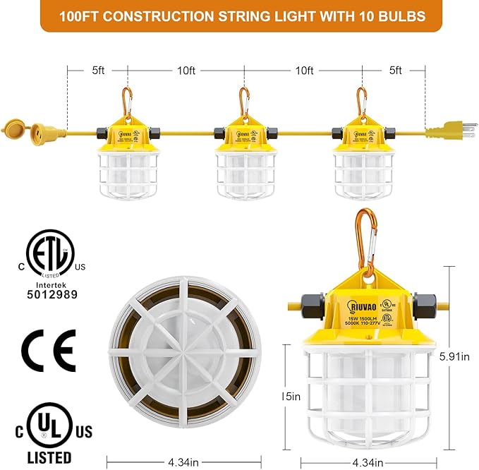 100ft LED Construction String Lights, 150W 15000LM Super Bright LED String Work - Image 2