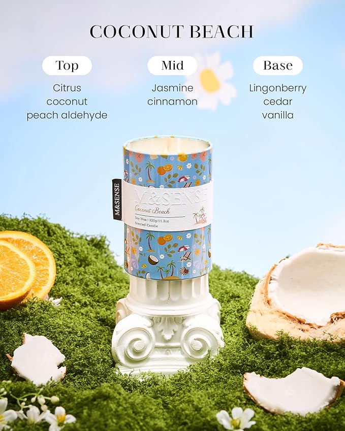 M&SENSE Coconut Beach Scented Candle, Medium Jar Candle 11.3oz Natural Soy Wax - Image 2