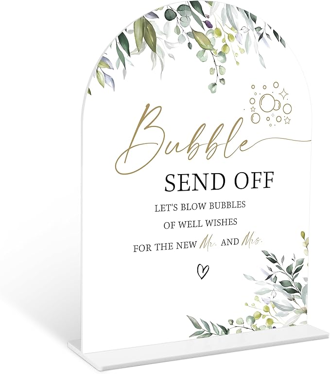 Greenery Bubble Send Off Sign, 6 x 8 Inch White Arch Acrylic Wedding Sign by Qoqxjodd