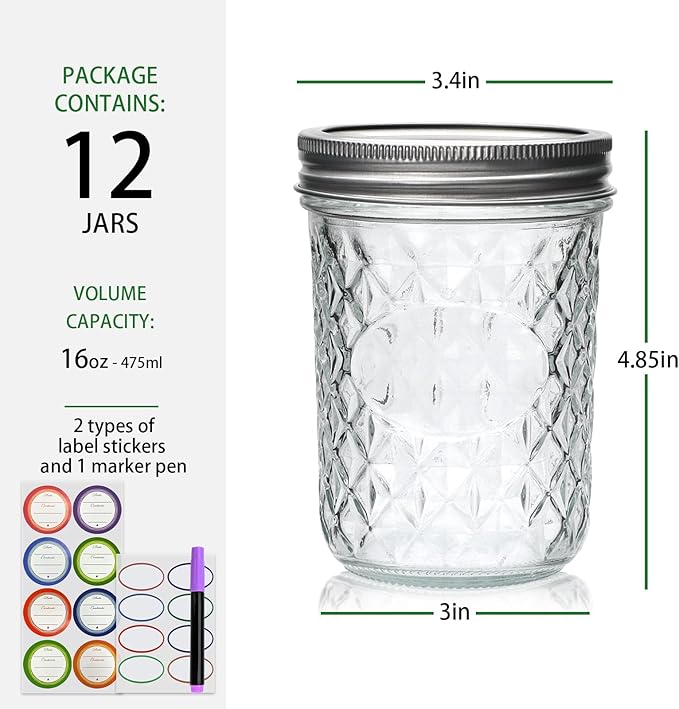 Wide Mouth Mason Jars 12Pack, Mason Jars 16 oz - Image 2