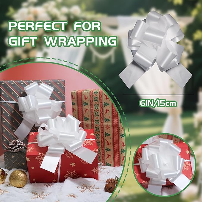6 Pcs 6 Inch White Pull Bows, Gift Wrapping Baskets Wedding Christmas Party - Image 2