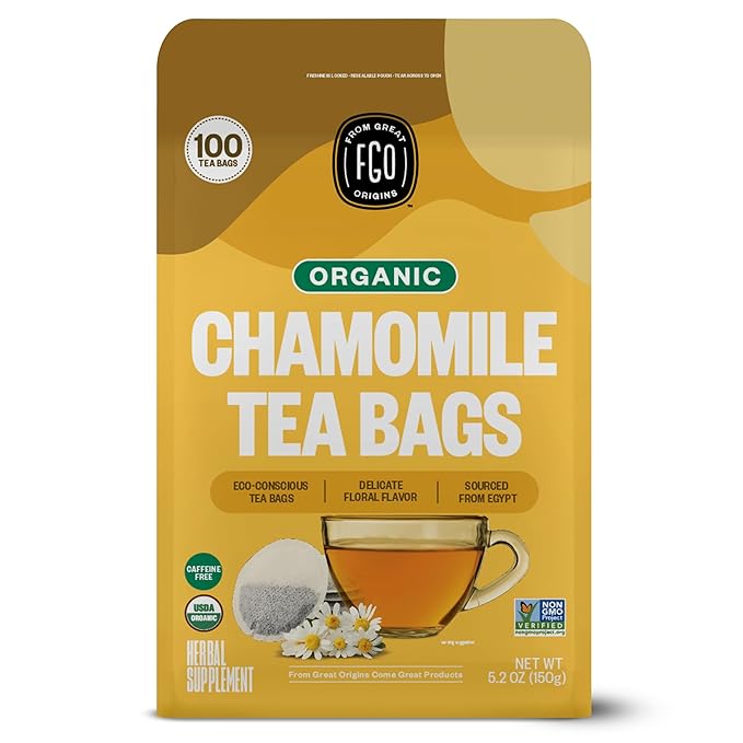 FGO Organic Chamomile Tea, 100 Eco-Conscious Tea Bags, Caffeine Free, by FGO