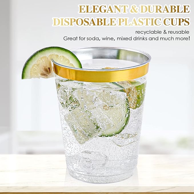FOCUSLINE 10 oz Gold Plastic Cups, Disposable Clear Fancy Hard Plastic Cups - Image 4