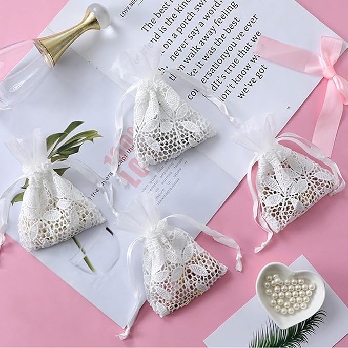 Petunny 6Pcs White Lace Drawstring Bags, Cotton Drawstring Gift Bags - Image 7
