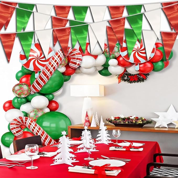 40M/130FT White Green Red Triangle Pennant Banner Flag Metallic Fabric Bunting - Image 3