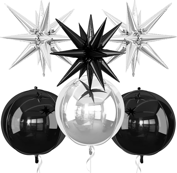 6Pcs Black Silver Foil Balloons, 22Inch Black Silver 4D Round Ball Balloon and by Adorely