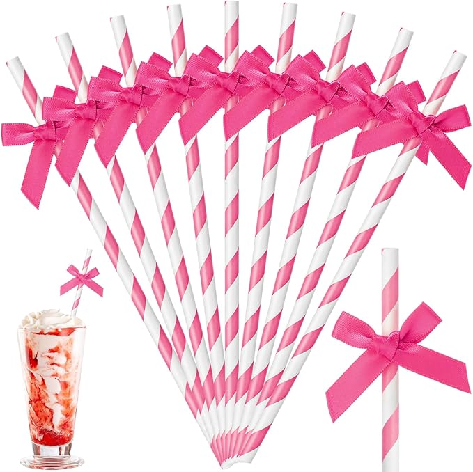 50 Pcs Rose Red Paper Straws for Drinking, Bow Disposable Striped Paper Straws by Potchen