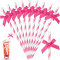 50 Pcs Rose Red Paper Straws for Drinking, Bow Disposable Striped Paper Straws by Potchen