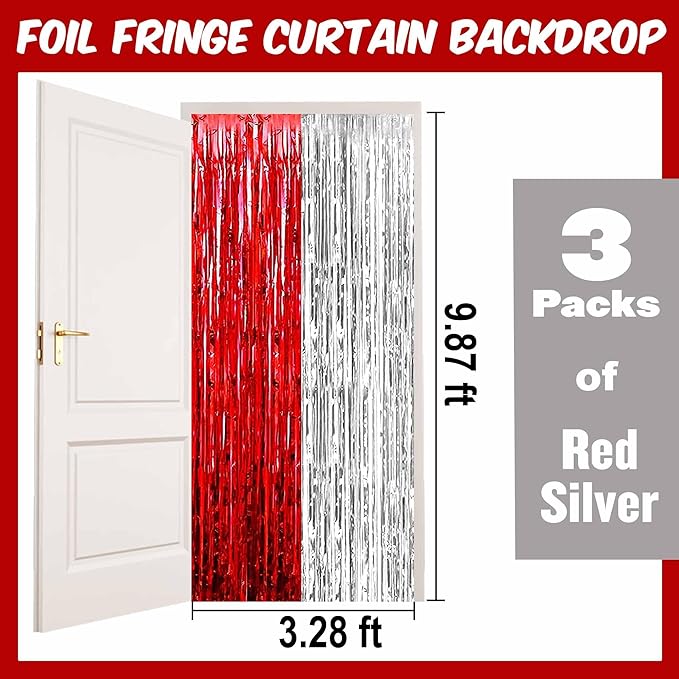 3 Pack Red Silver Foil Fringe Curtains Backdrop, 3.28 x 9.8 Ft Metallic - Image 2