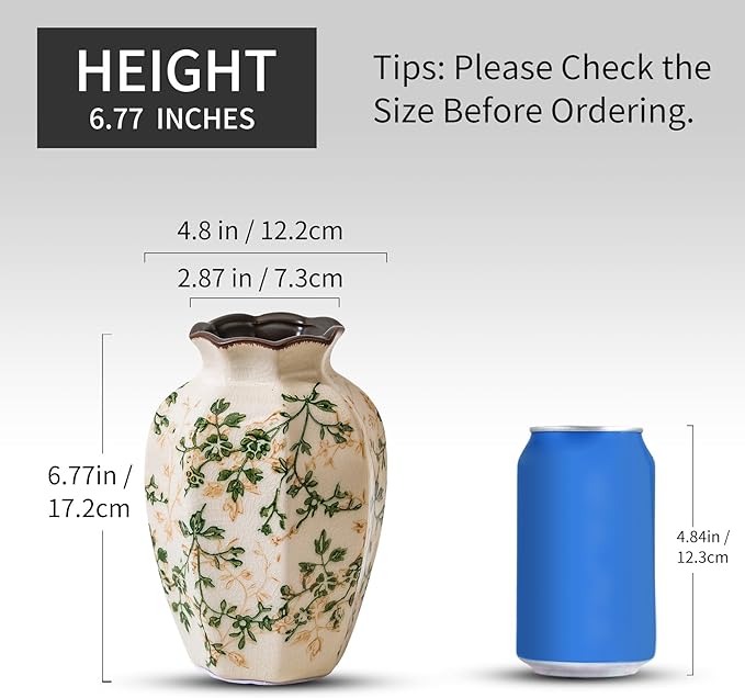 Vintage Pastoral Octagonal Vase, Rustic Farmhouse Vases Chinoiserie Floral - Image 3