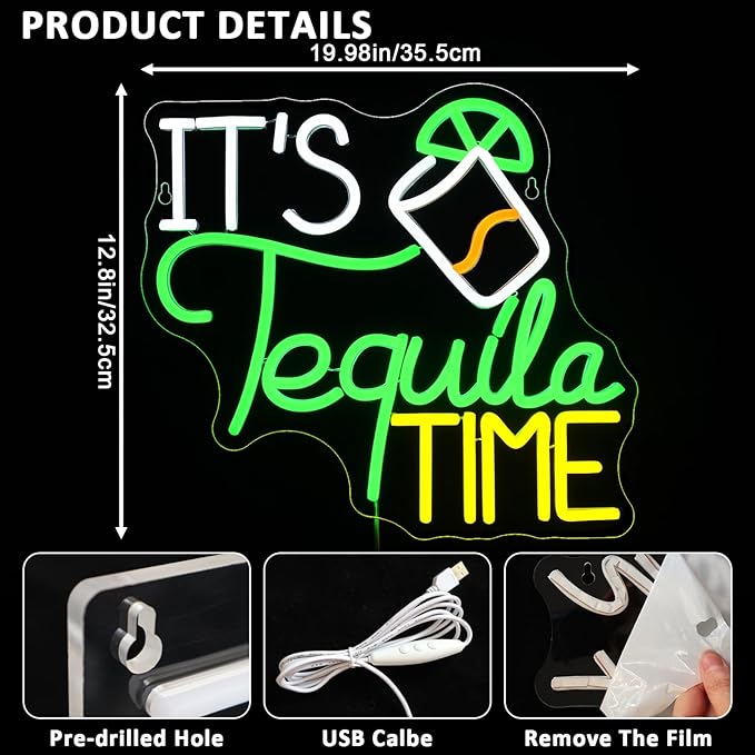 It Is Tequila Time Neon Sign for Wall Decor, Tequila Led Signs, USB Dimmable - Image 2