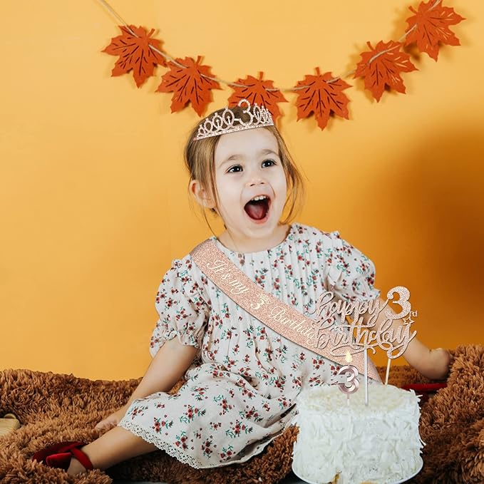 3rd Birthday Decorations for Girls, Including Sash, Crown/Tiara, Cake Toppers - Image 2
