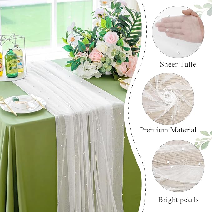 Pearl Table Runner 29 x 120 Inch Tulle Fabric Lace Table Runners Boho Rustic - Image 3