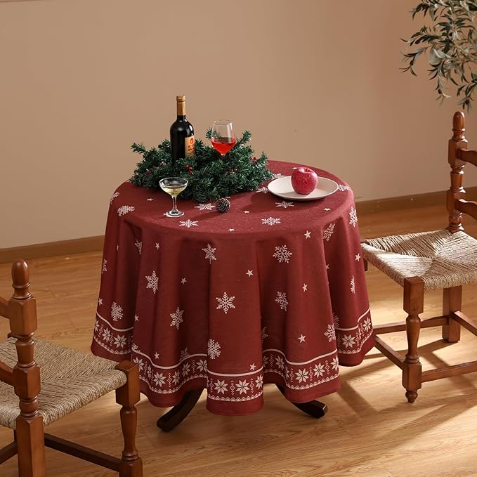 ISAENNE Designer Christmas Red Round Tablecloth, Linen Table Cloth - Image 5