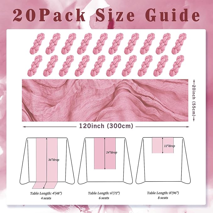 20 Pack Dusty Rose 10FT Cheesecloth Table Runner 20 x 120 Inch Long Rustic - Image 2