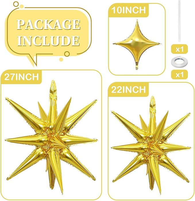 Gold Star Balloons 12pcs, 27/22 Inch Foil Star Explosion Balloons, Large Spike - Image 6