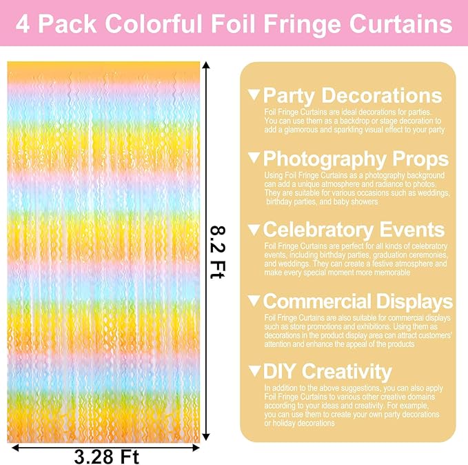 4 Pack Light Rainbow Wave Foil Fringe Curtain Backdrop, 3.28Ft x 8.2Ft Metallic - Image 2