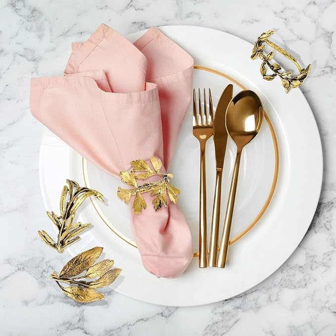 Cunhill 8 Pieces Herb Napkin Rings Set Vintage Leaf Napkin Holders Rings Glossy - Image 3