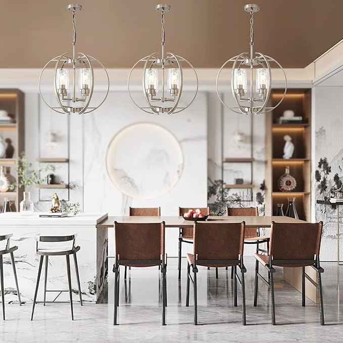 Large Lantern Globe Brushed Nickel Chandelier Lighting, Adjustable Hanging - Image 4