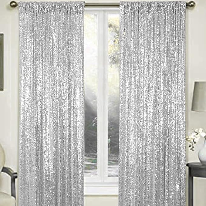 Silver Sequin Backdrop Curtains 2 Panels 4FTx8FT Wedding Photo Backdrop Drapes - Image 7
