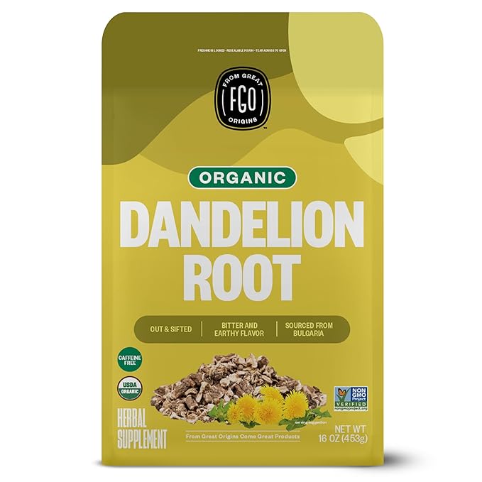 FGO Organic Dandelion Root Loose Tea, Cut and Sifted, Caffeine Free, 16oz Bulk by FGO