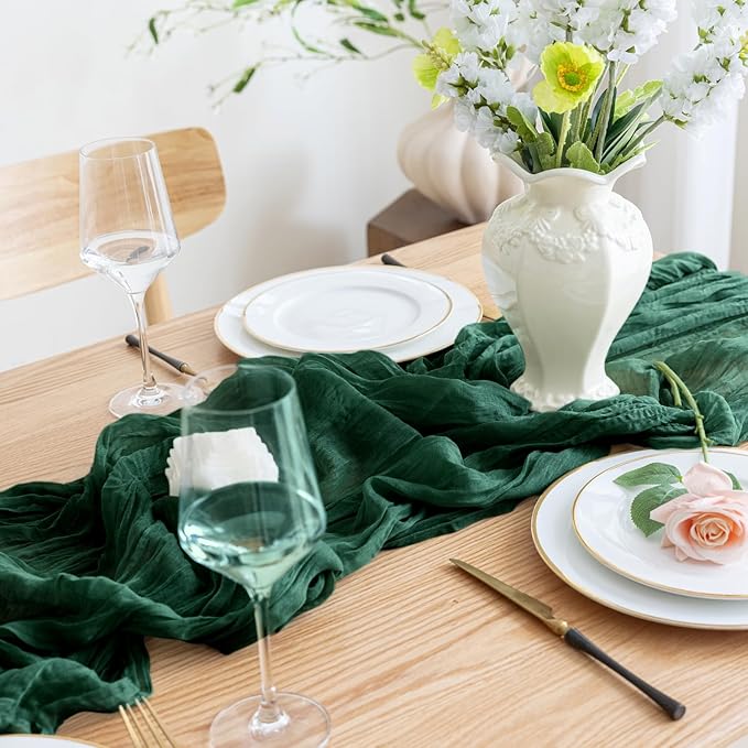 Asee'm Fall Table Runner Cheesecloth 10FT Emerald Green Boho Gauze Fabric - Image 6