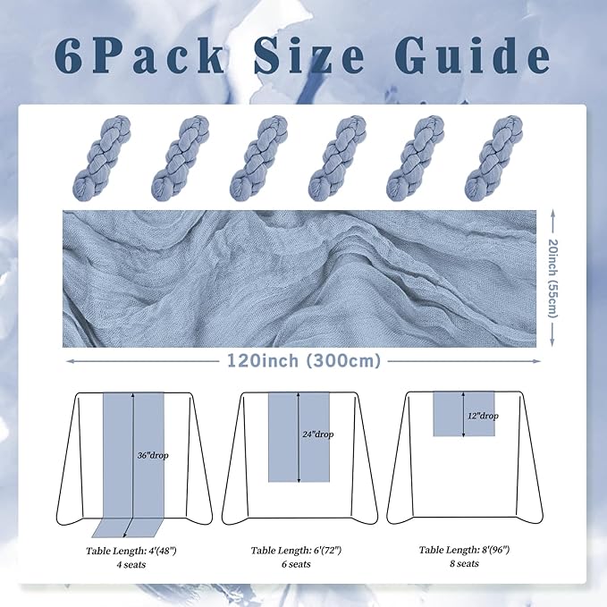6 Pack Dusty Blue 10FT Cheesecloth Table Runner Rustic Gauze Fabric Cheese - Image 2