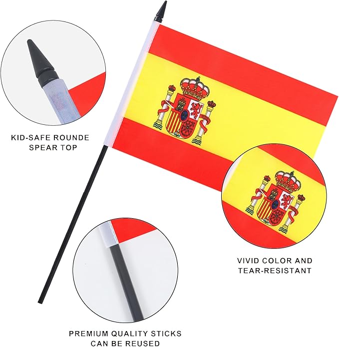 Spain Desk Flag 12" Solid Pole Deluxe Set Spanish Flags Banner Mini Small Spain - Image 4