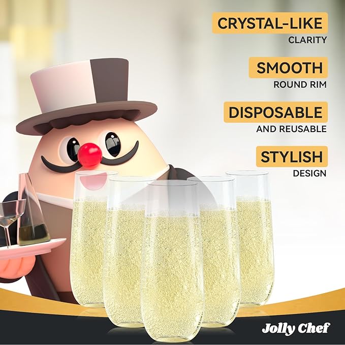 JOLLY CHEF 36 Pack Stemless Plastic Champagne Flutes 9 oz, Crystal Clear - Image 3