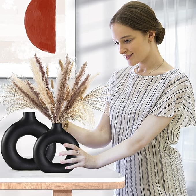 Black Ceramic Vase Set of 2 for Modern Boho Decor, Round Matte Pampas Flower - Image 3
