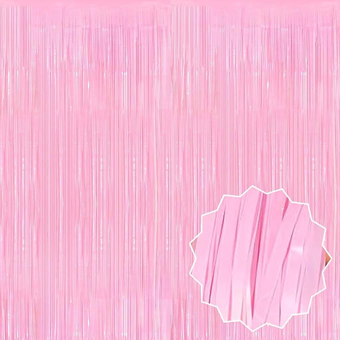 3 Pack Macaron Pink Foil Fringe Curtains Backdrop, 3.28 x 9.8 Ft Metallic by LANTIANCHEN