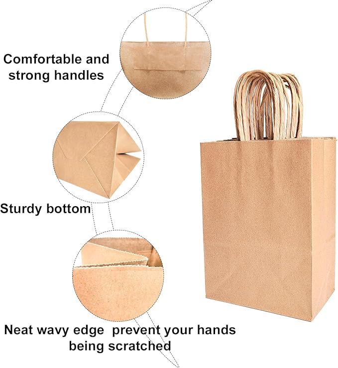 BAG BOX 100 Pcs Medium 8.25x4.3x10.6 Inch Brown Kraft Paper Gift Bags - Image 3
