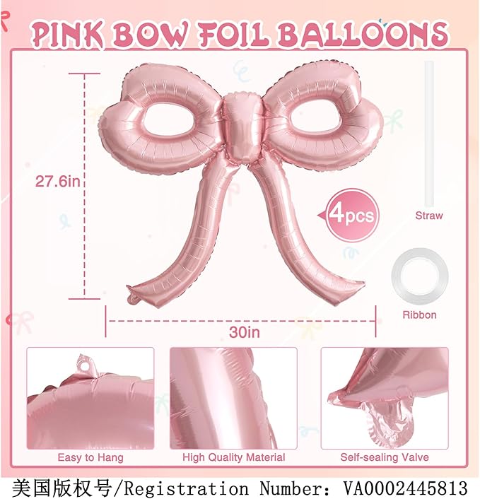 4 Pcs Pink Bow Balloons Bow Party Decorations - Image 2