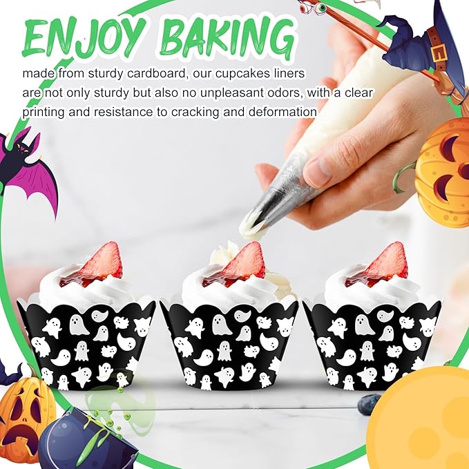 Domensi 100 Pcs Halloween Ghost Cupcake Wrappers Cupcake Liners Ghost Baking - Image 6