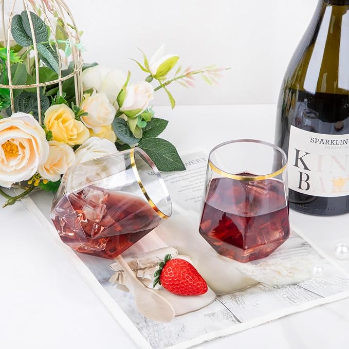 LUODA Gold Diamond Shaped Plastic Stemless Wine Glasses Set of 24, Disposable - Image 5