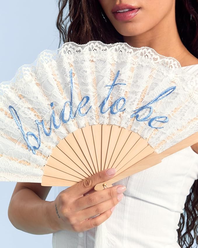 xo, Fetti White Lace Bride to Be Folding Fan | Bridal Something Blue, Wedding - Image 2