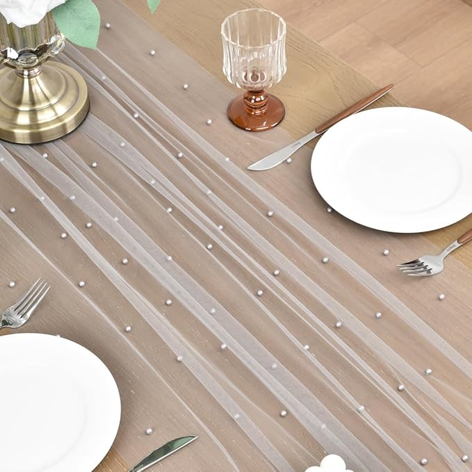 Joanlody Fall Pearl Table Runner 10ft Rustic Boho Tulle Table Runner - Image 4