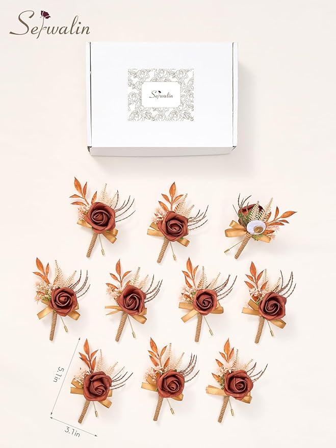 Serwalin 10Pcs Boutonniere for Men, Burnt Orange Groom and Best Man Boutonniere - Image 7